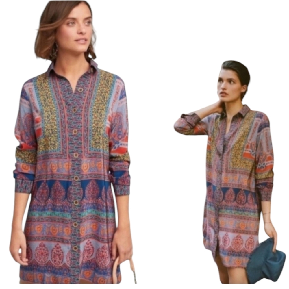 Anthropologie x Maeve Casablanca Silk Shirt Dress Mixed Print Size 0 - Picture 2 of 16